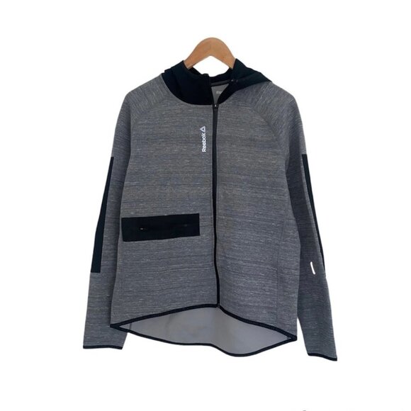 Reebok Hoodie  Women's Size Large Grey Heathered Black Zip-Up Sweater “S7R3NG7H” - Picture 1 of 8